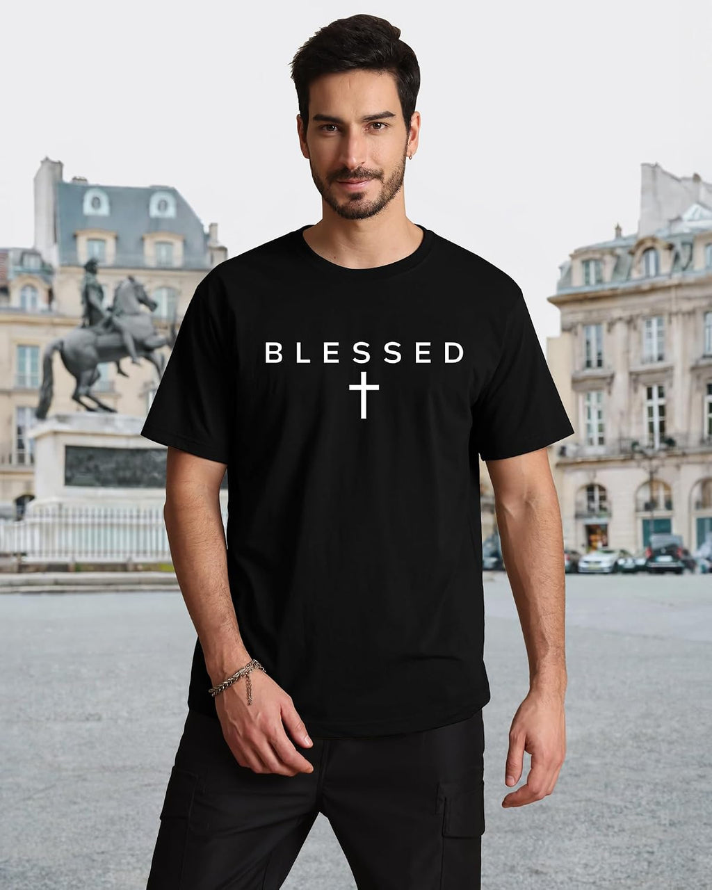 Blessed Cross Graphic T-Shirt for Men Christian Faith Short Sleeve Casual Streetwear Tee