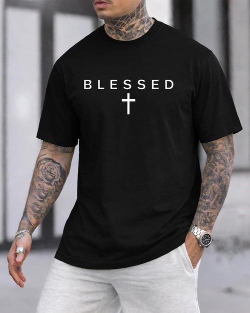 Blessed Cross Graphic T-Shirt for Men Christian Faith Short Sleeve Casual Streetwear Tee