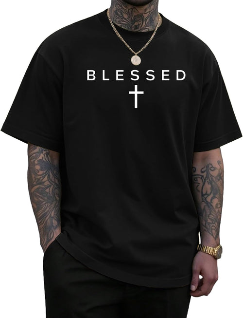 Blessed Cross Graphic T-Shirt for Men Christian Faith Short Sleeve Casual Streetwear Tee