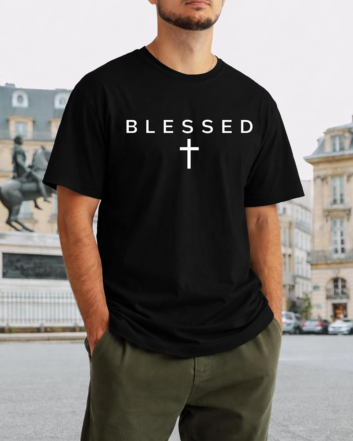 Blessed Cross Graphic T-Shirt for Men Christian Faith Short Sleeve Casual Streetwear Tee
