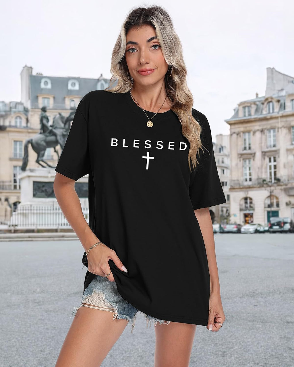Blessed Cross Graphic T-Shirt for Men Christian Faith Short Sleeve Casual Streetwear Tee
