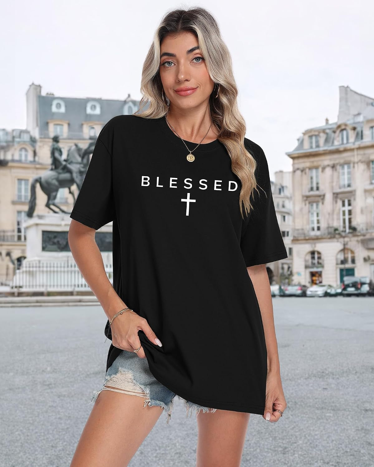 Blessed Cross Graphic T-Shirt for Men Christian Faith Short Sleeve Casual Streetwear Tee